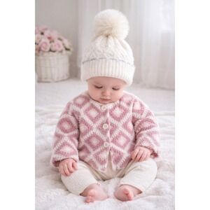 Adorable baby girl knit cardigan and matching hat set in soft pink and white ton